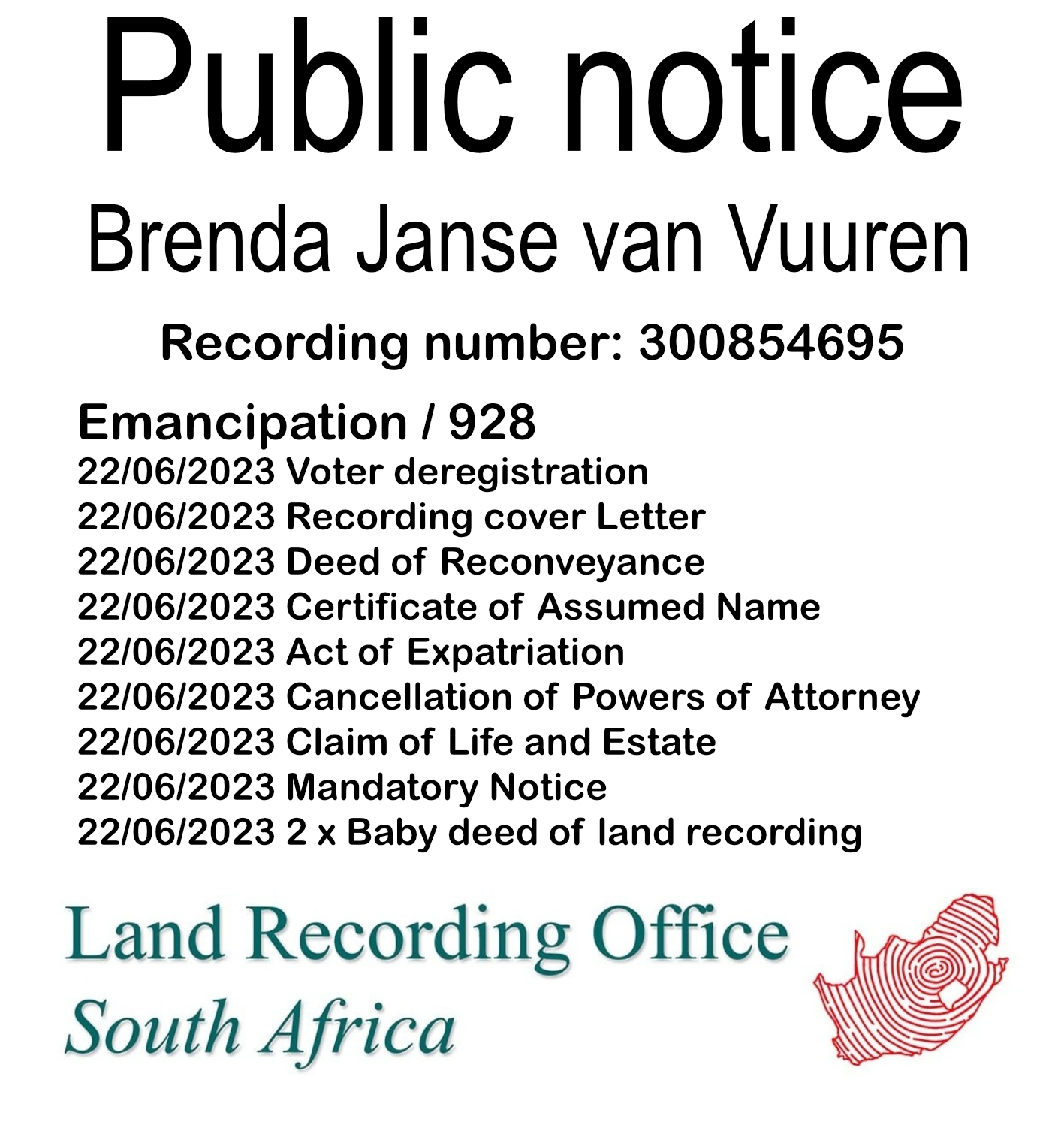 Public Notice Brenda Janse van Vuuren (c) Recording number 300854695